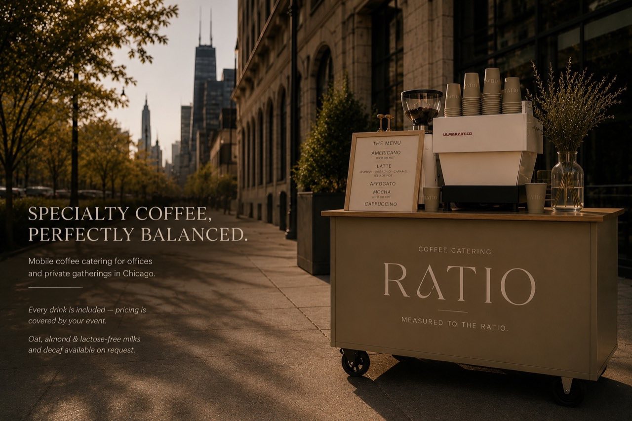 RATIO mobile coffee cart set up on a Chicago street, specialty coffee and espresso catering